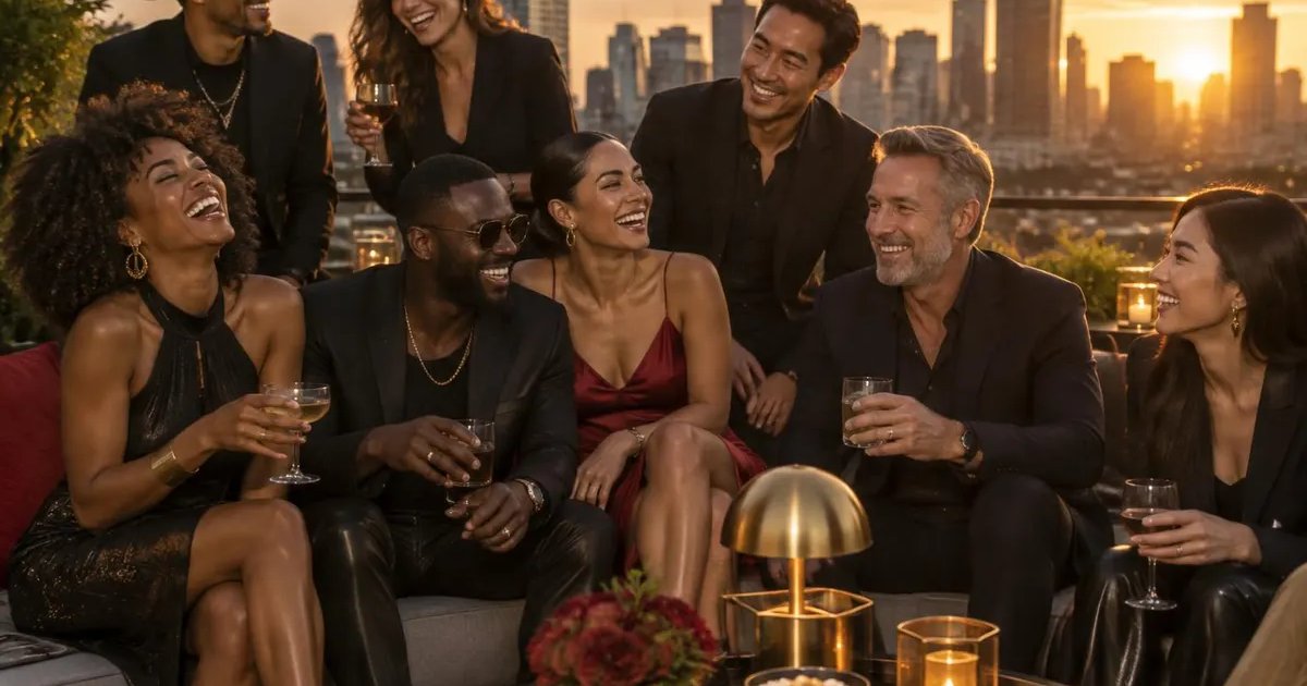Illustration: a diverse group of adult friends laughing together on a rooftop lounge at sunset