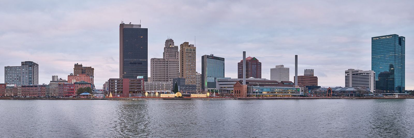 Downtown Toledo, Ohio skyline across the Maumee River on a clear day