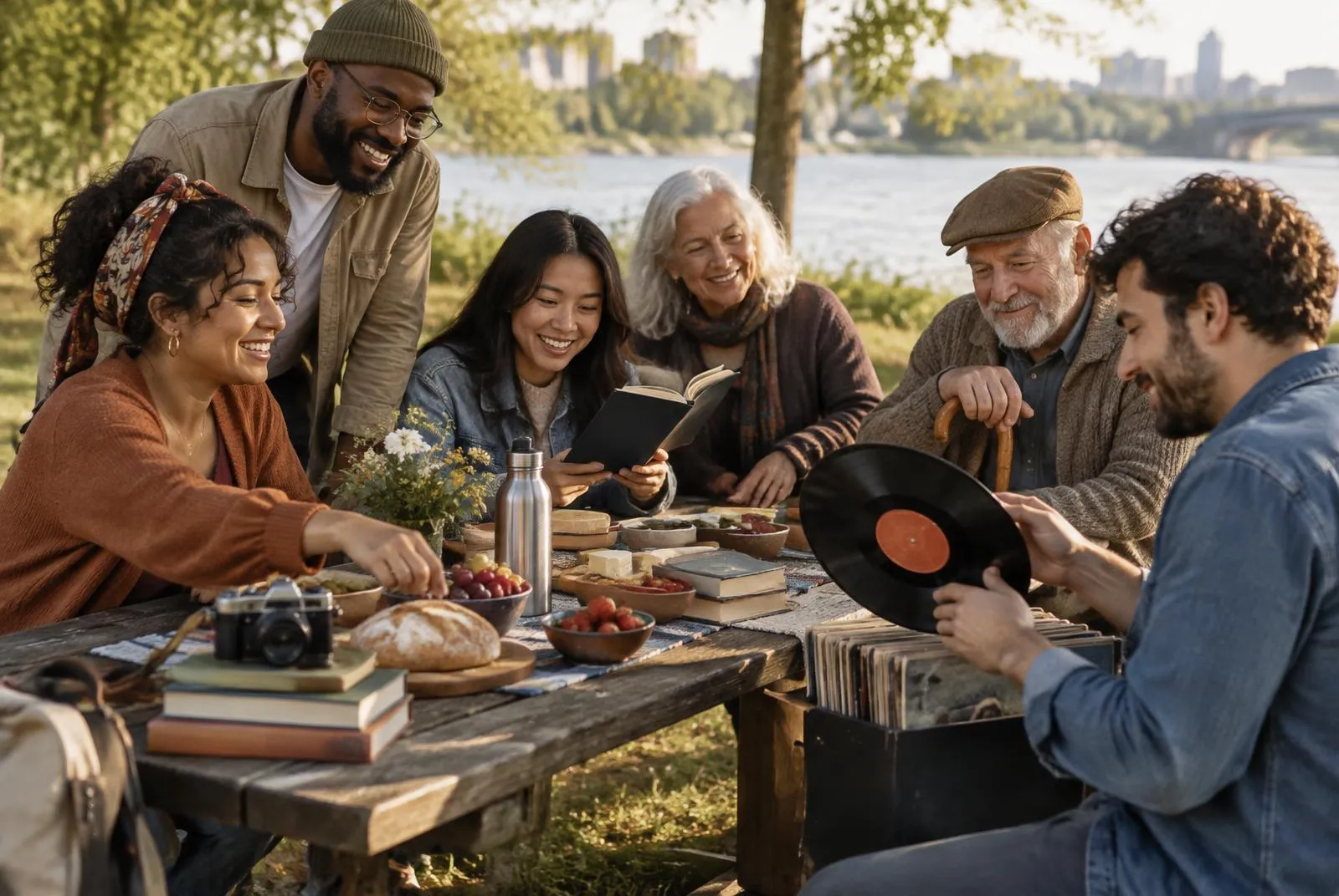 Illustrative image: a mixed-age group sharing food, books and vinyl records at a riverside picnic table