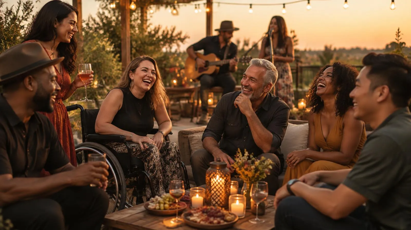 Illustrative image: adults of different ages and backgrounds, one using a wheelchair, laughing on a string-lit patio while musicians play