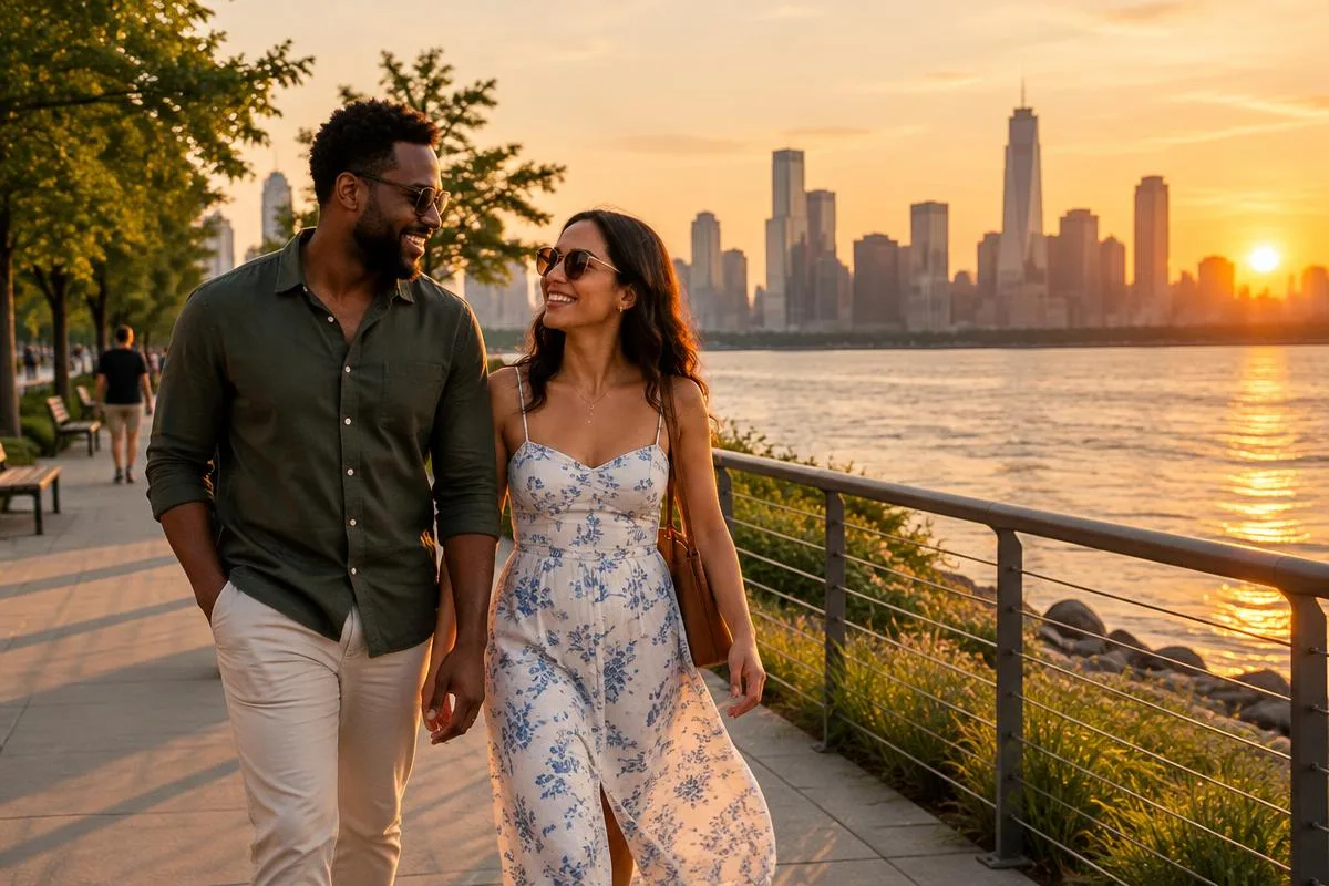 Illustrative adult couple strolling a riverfront promenade at golden hour