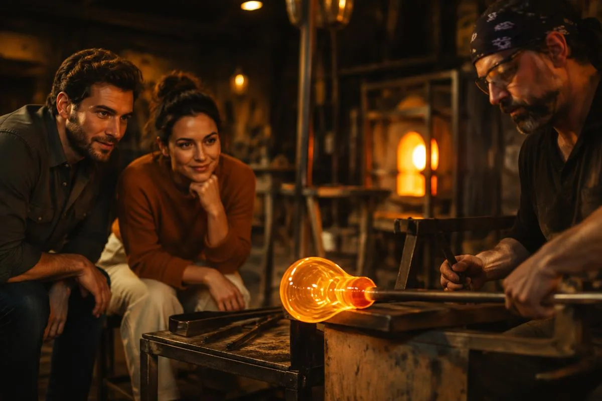 Illustrative adults watching a glowing glassblowing demonstration