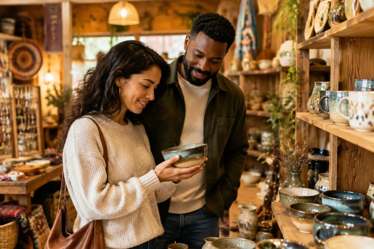 Illustrative adult couple browsing handmade ceramics in an artisan shop