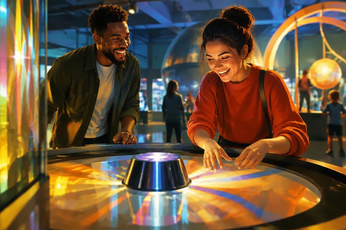 Illustrative adults playing with a hands-on science museum exhibit