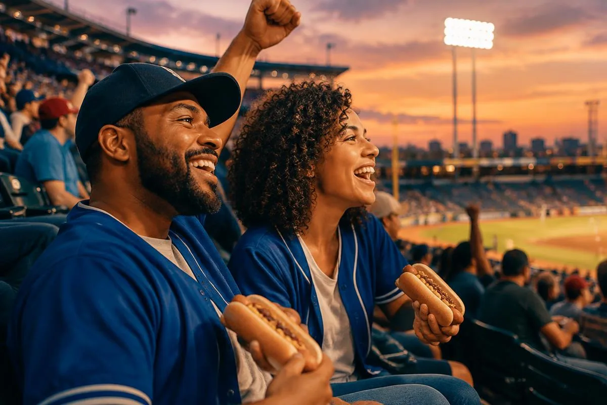 Illustrative adult couple cheering at a baseball game at dusk
