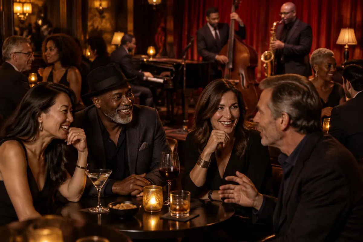 Illustration: adults in their 40s and 50s chatting at a live jazz lounge