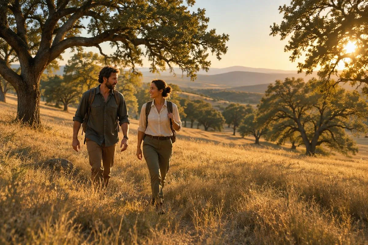 Illustrative adults walking through an open oak savanna at golden hour