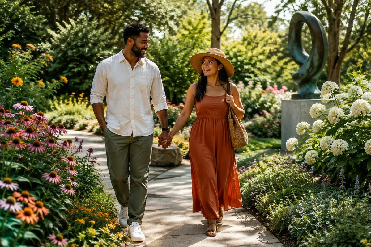 Illustrative adult couple walking a blooming botanical garden path