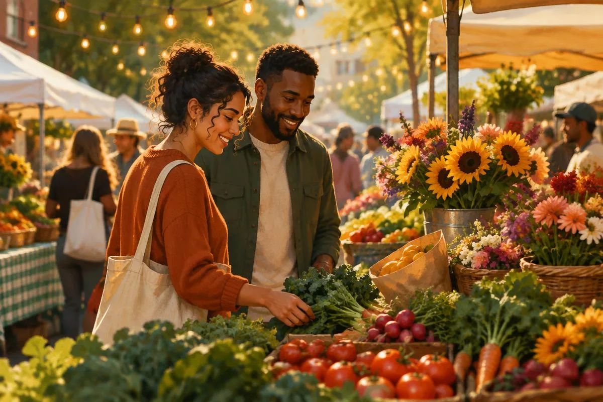 Illustrative adult couple browsing a farmers market produce stall
