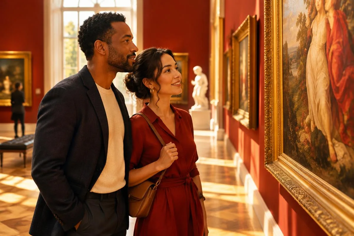 Illustrative adult couple admiring paintings in an art museum gallery