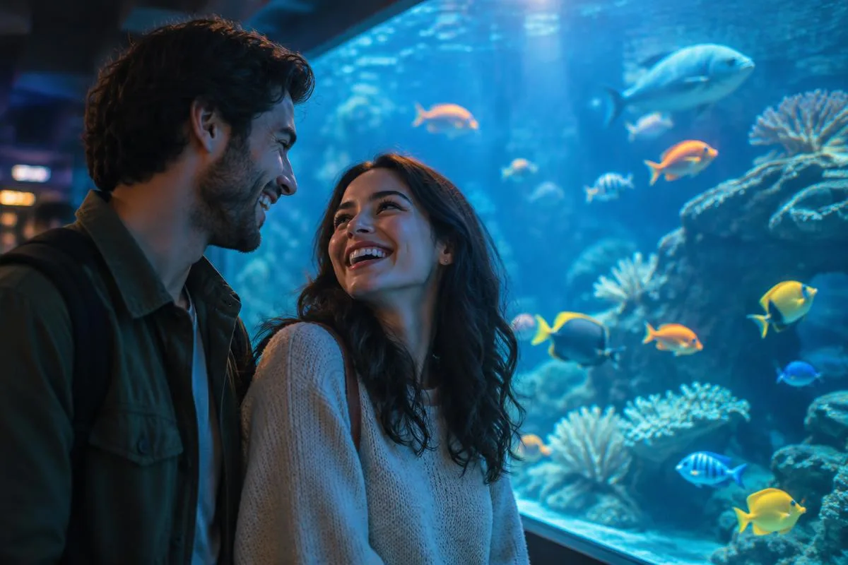 Illustrative adults laughing in front of a large aquarium tank