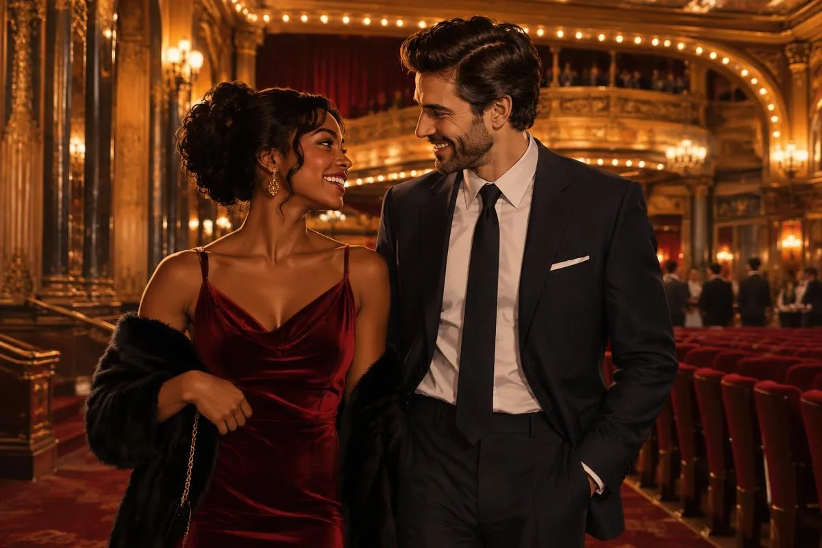 Illustrative elegantly dressed adult couple in a historic theater lobby