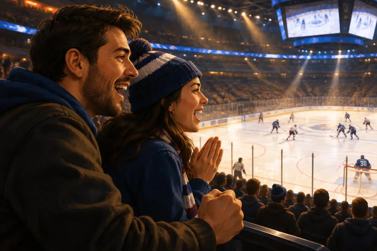 Illustrative adults watching an ice hockey game from arena seats