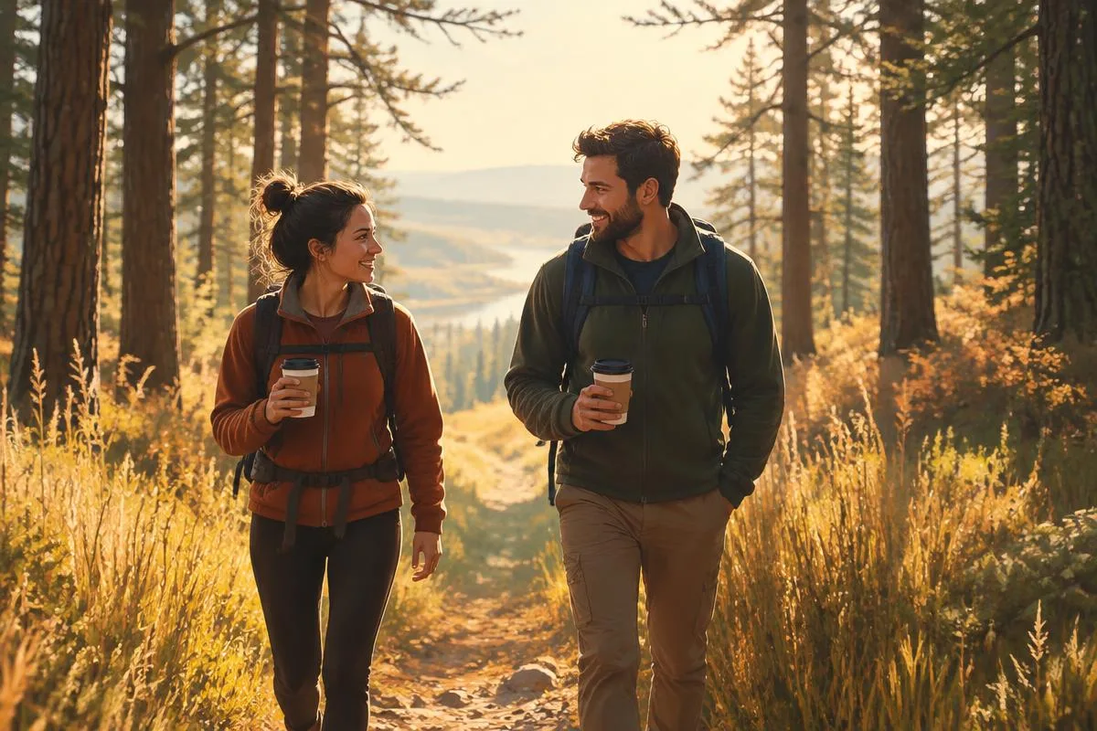 Illustrative adults with coffee walking a woodland trail